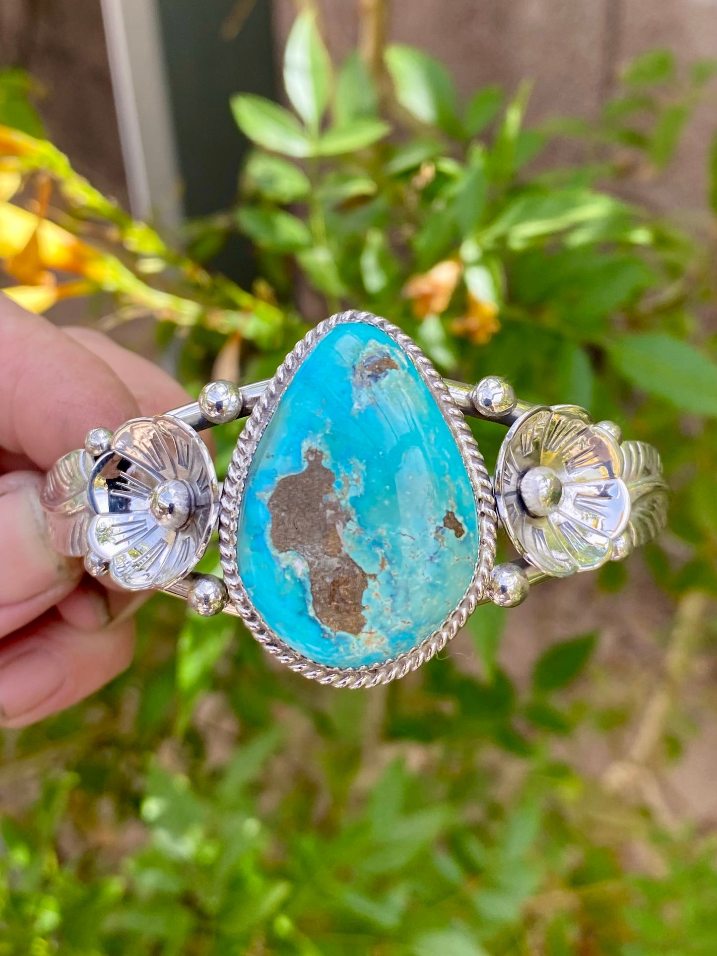 Silver and Turquoise Flower Cuff
