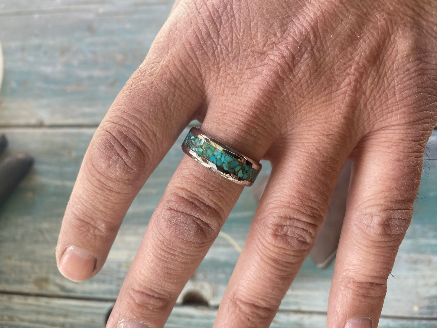 Damascus Steel Turquoise Inlay Ring
