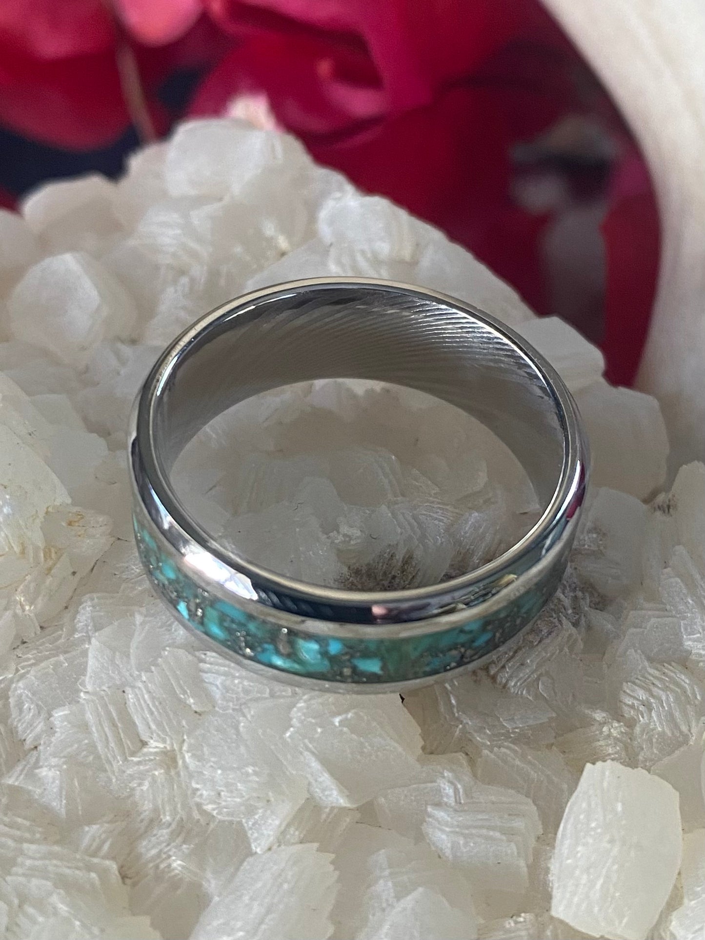 Damascus Steel Turquoise Inlay Ring