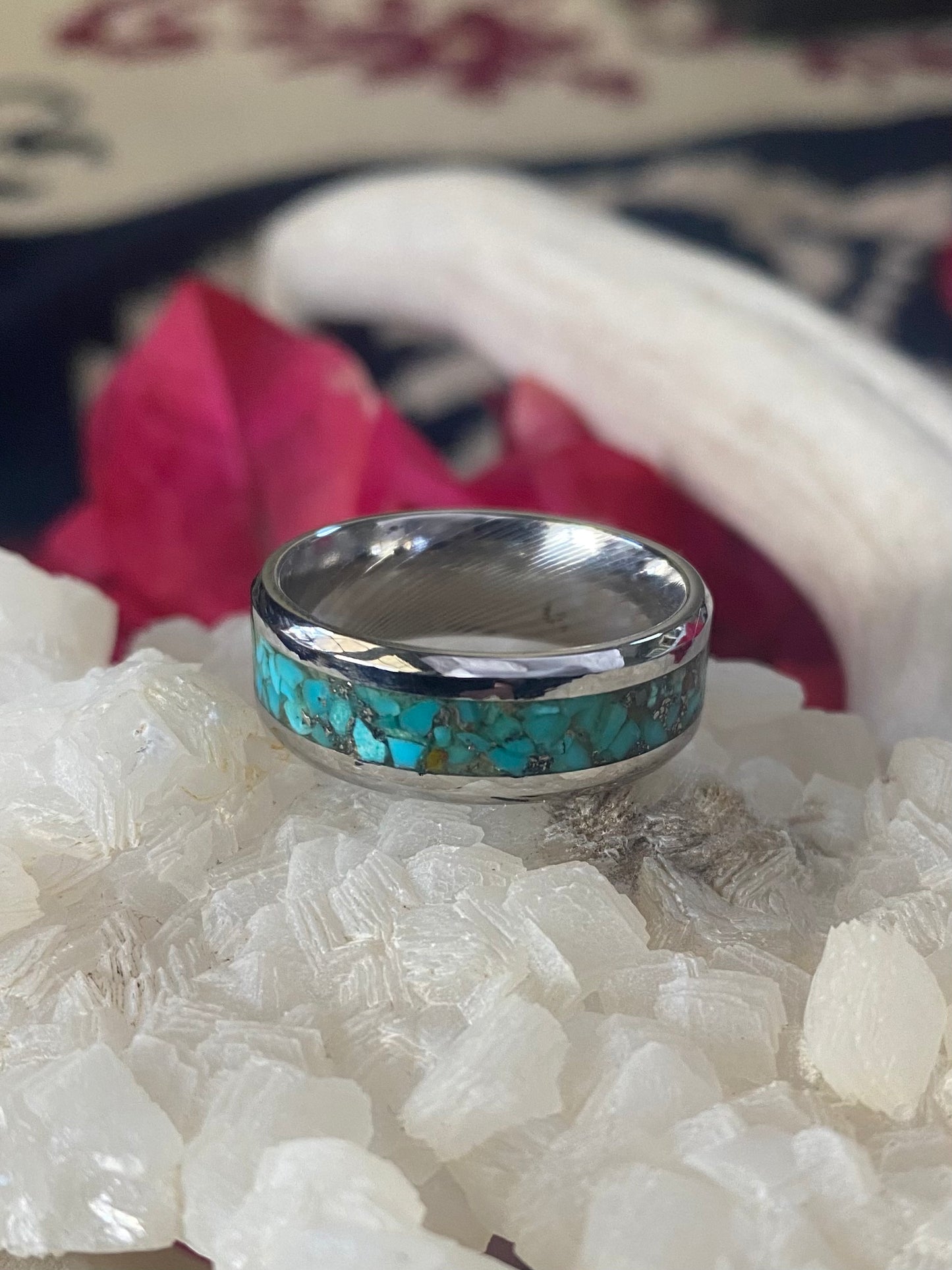Damascus Steel Turquoise Inlay Ring