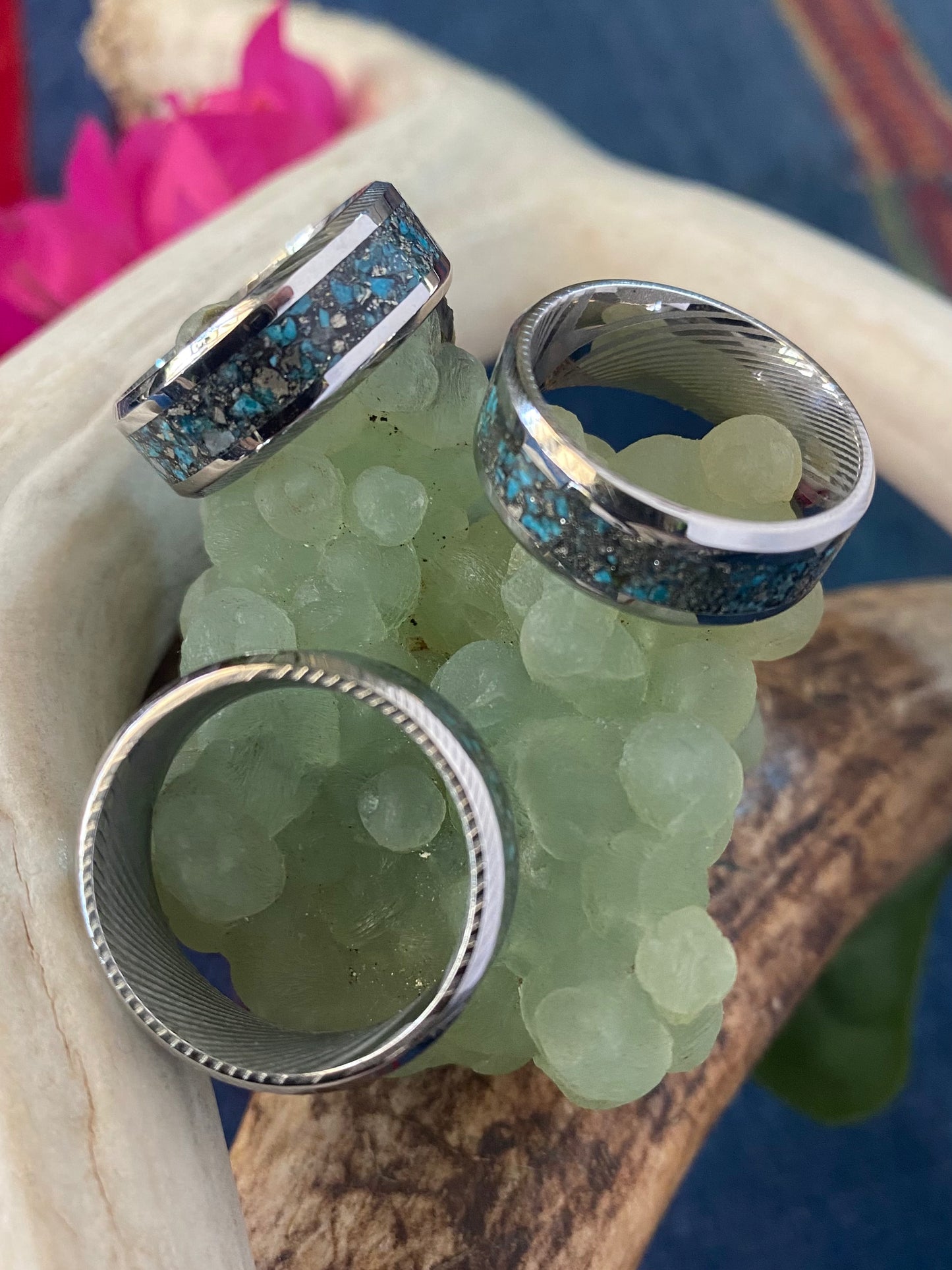Damascus Steel Turquoise Inlay Ring