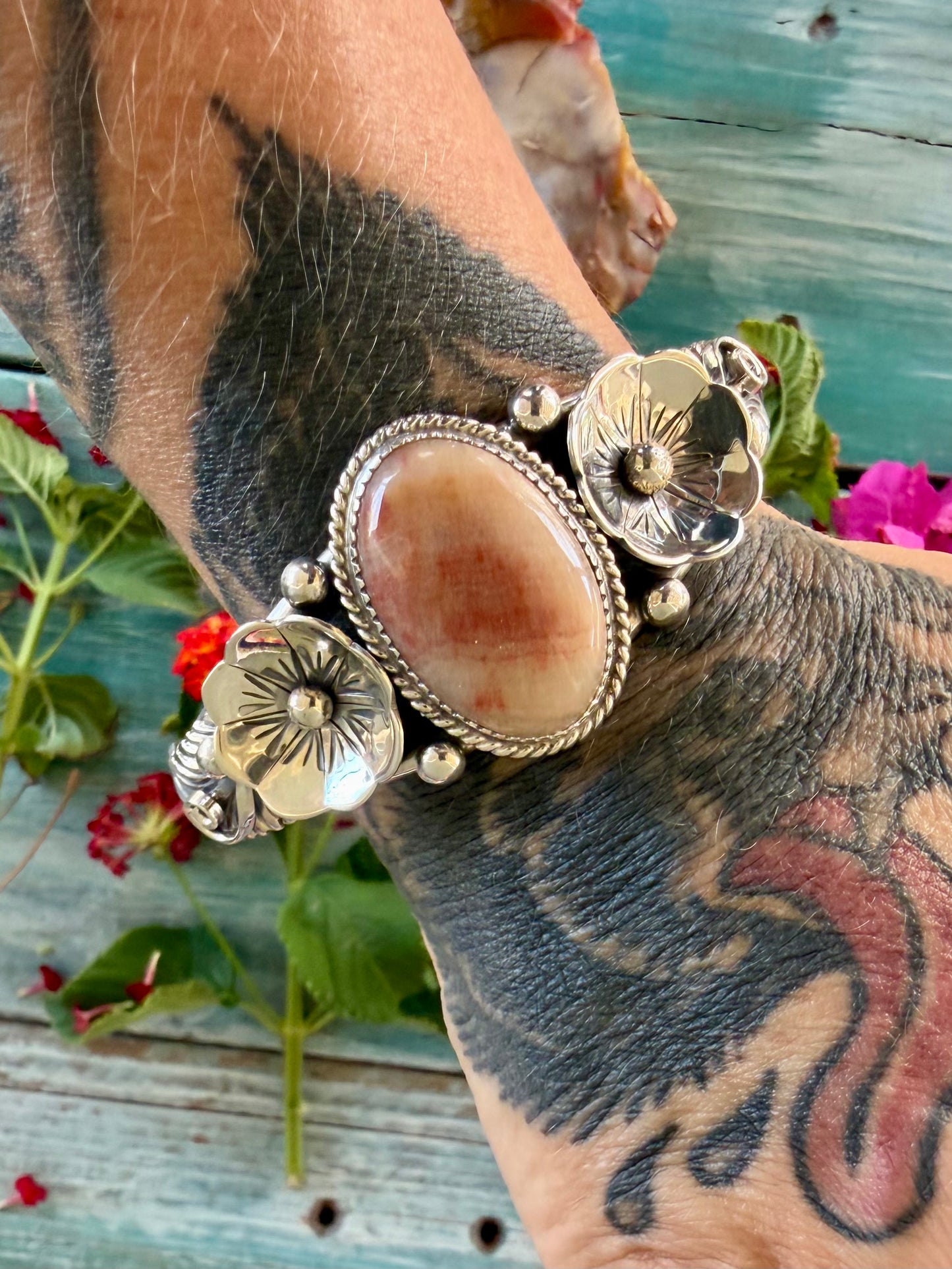Silver and Onyx Flower Cuff