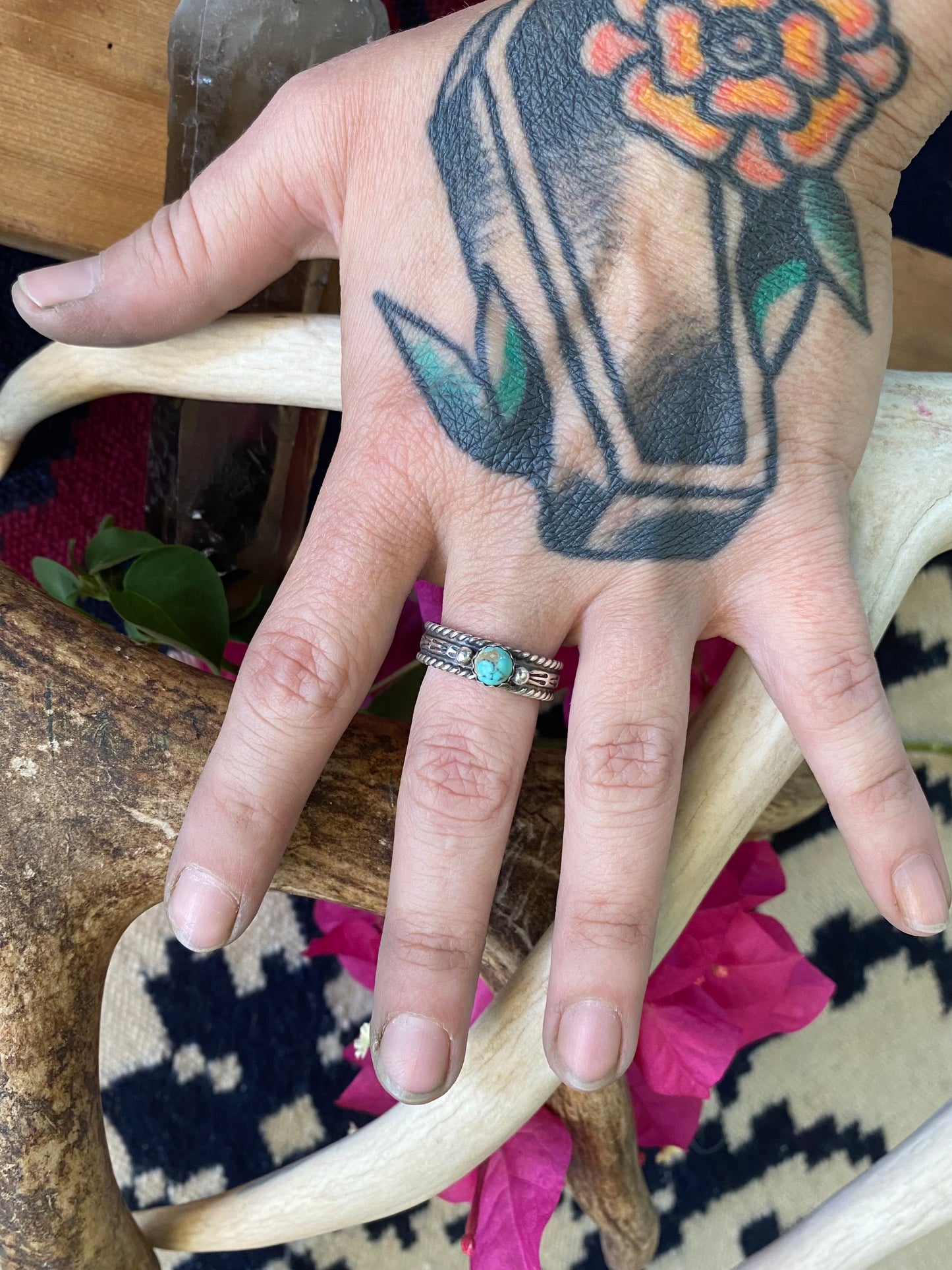 Stamped Silver and Turquoise Band Ring