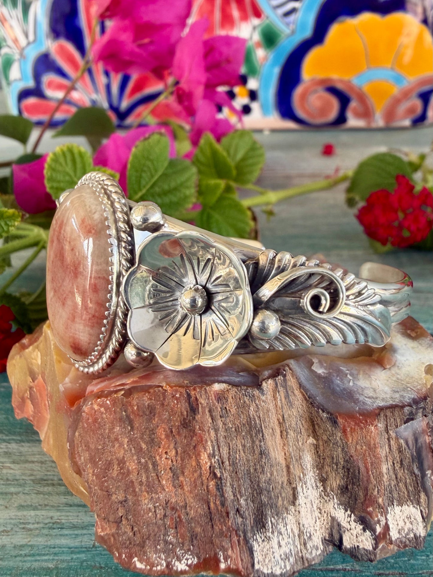 Silver and Onyx Flower Cuff