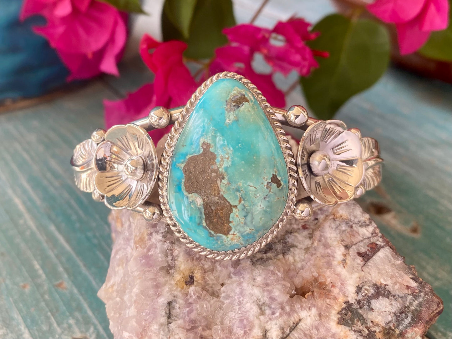 Silver and Turquoise Flower Cuff