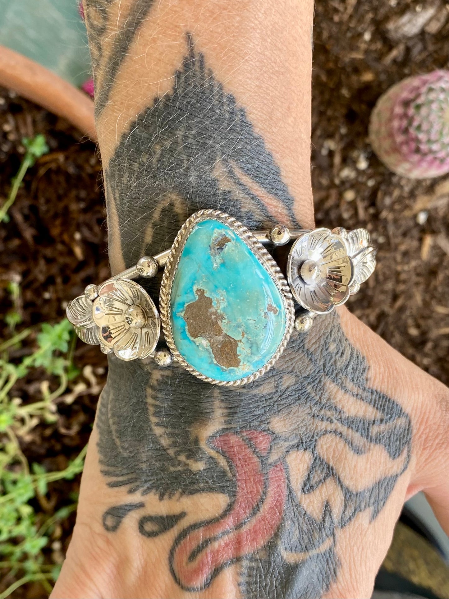 Silver and Turquoise Flower Cuff