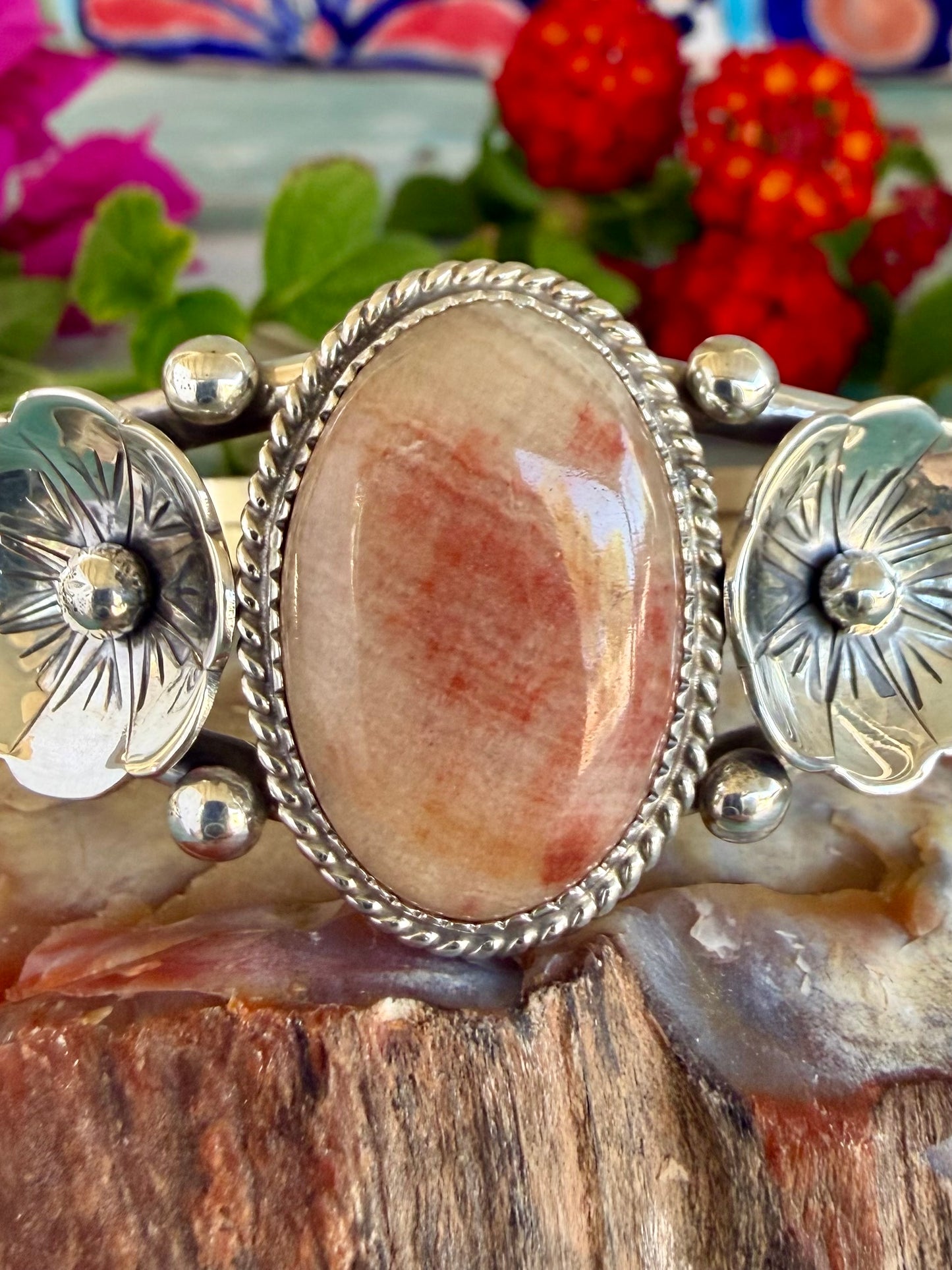 Silver and Onyx Flower Cuff