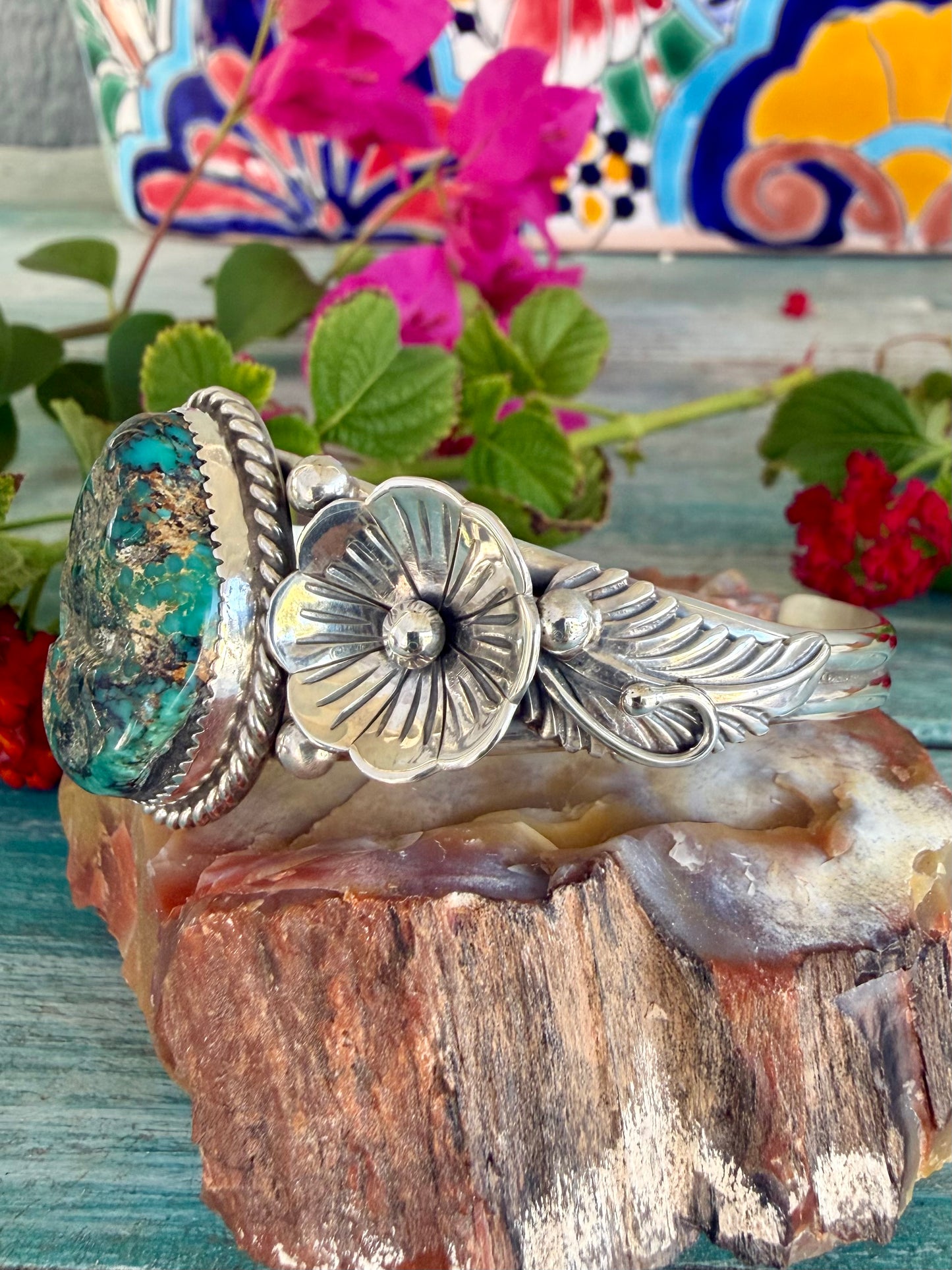 Silver and Turquoise Flower Cuff
