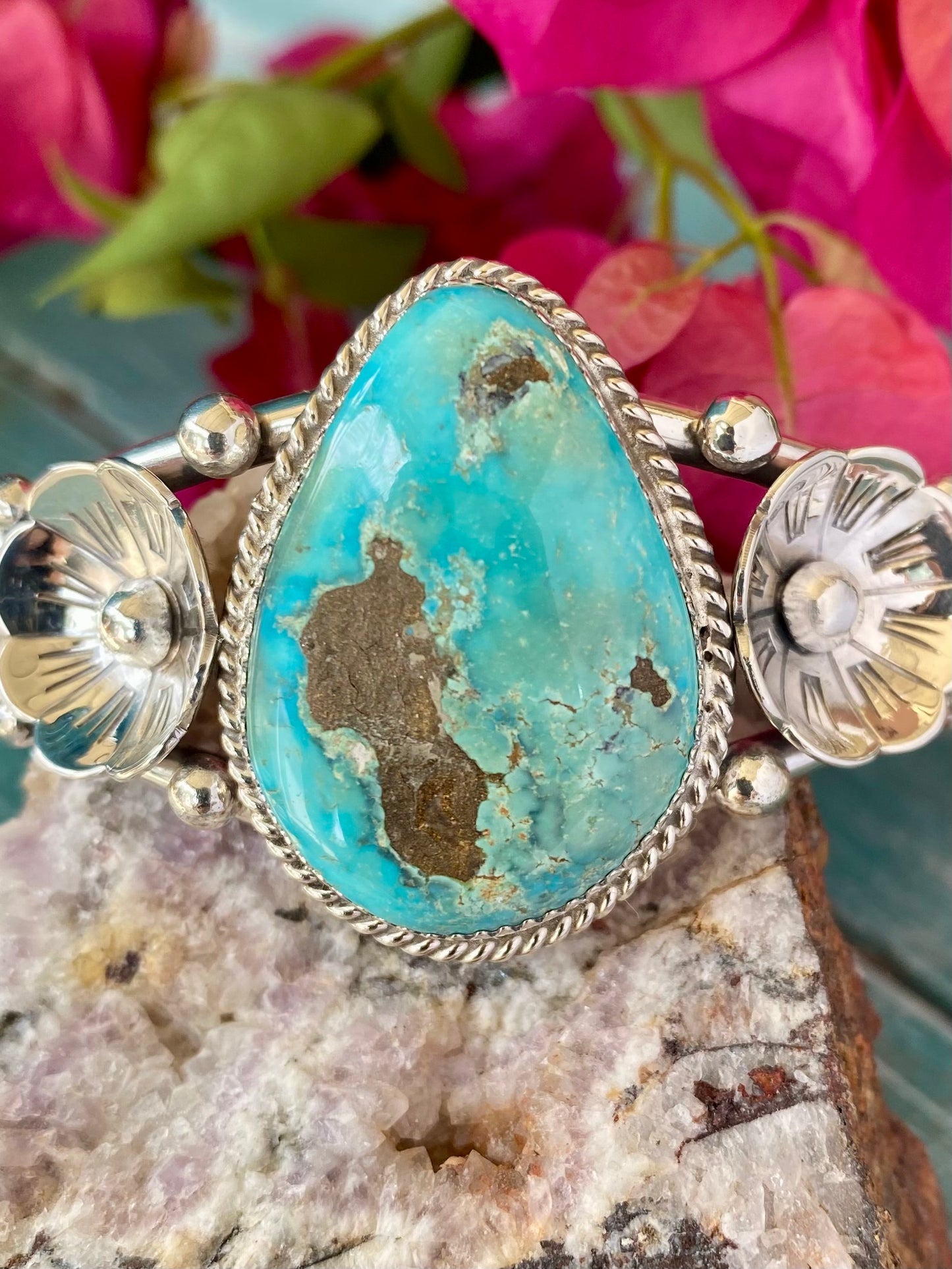Silver and Turquoise Flower Cuff