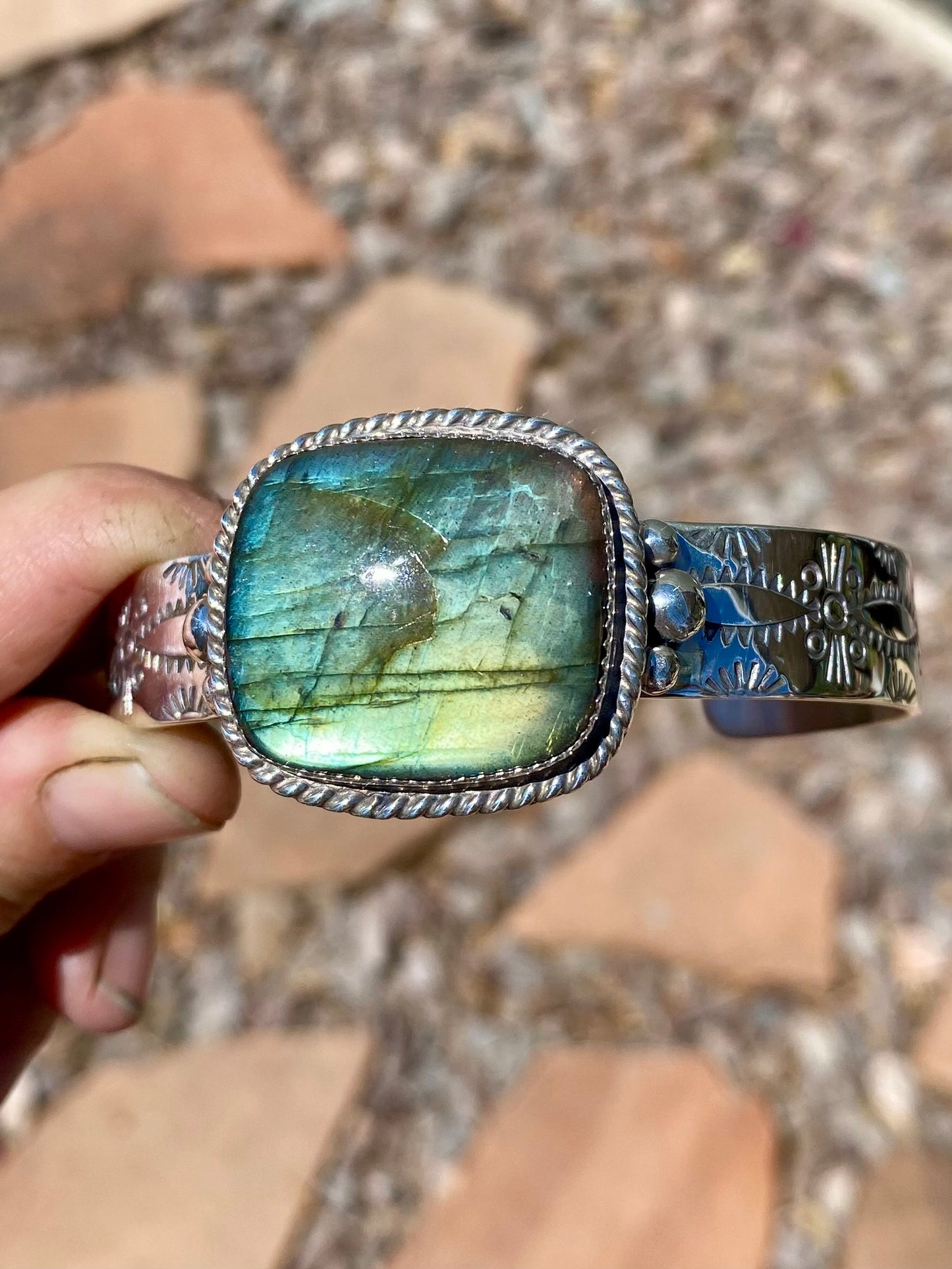Silver Stamped Labradorite Cuff