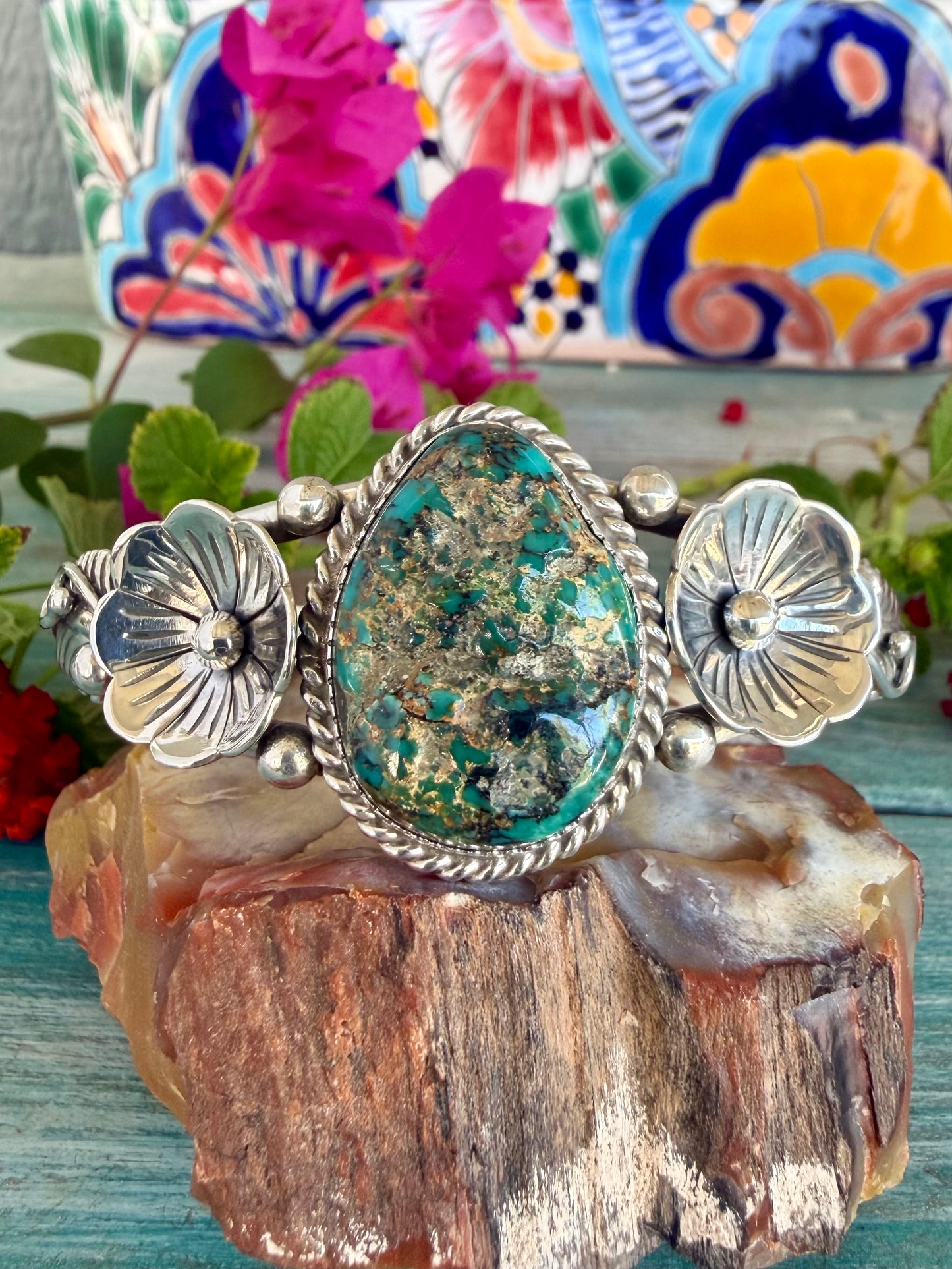 Silver and Turquoise Flower Cuff