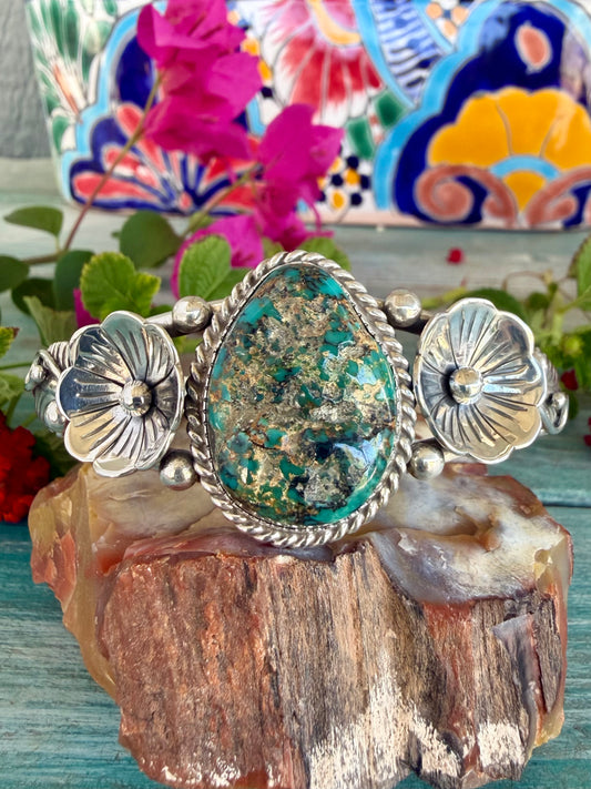 Silver and Turquoise Flower Cuff