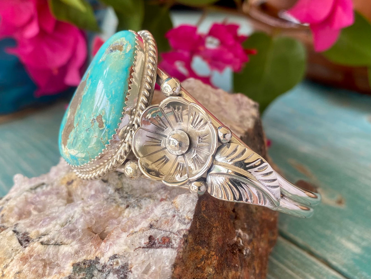 Silver and Turquoise Flower Cuff