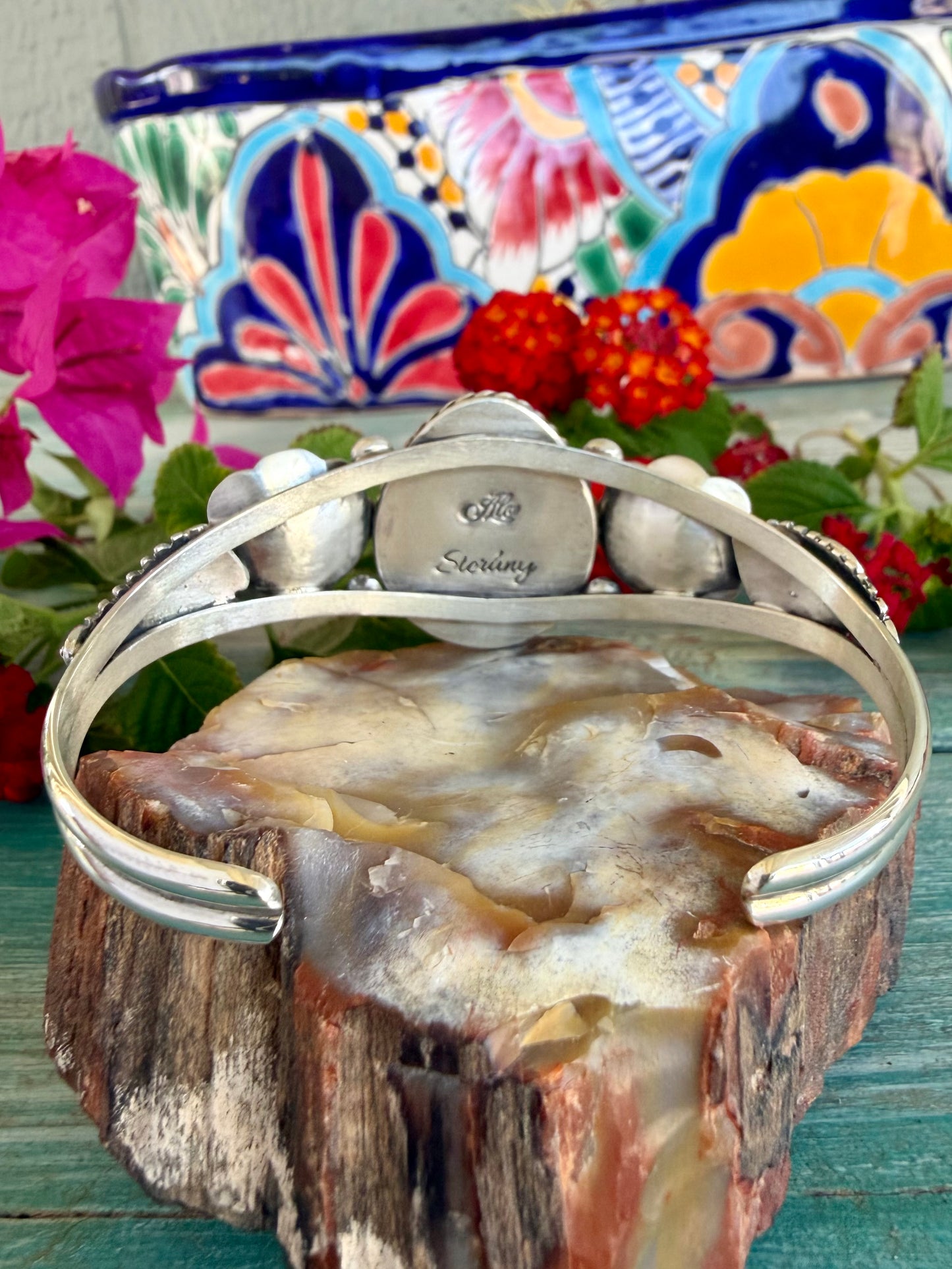Silver and Turquoise Flower Cuff