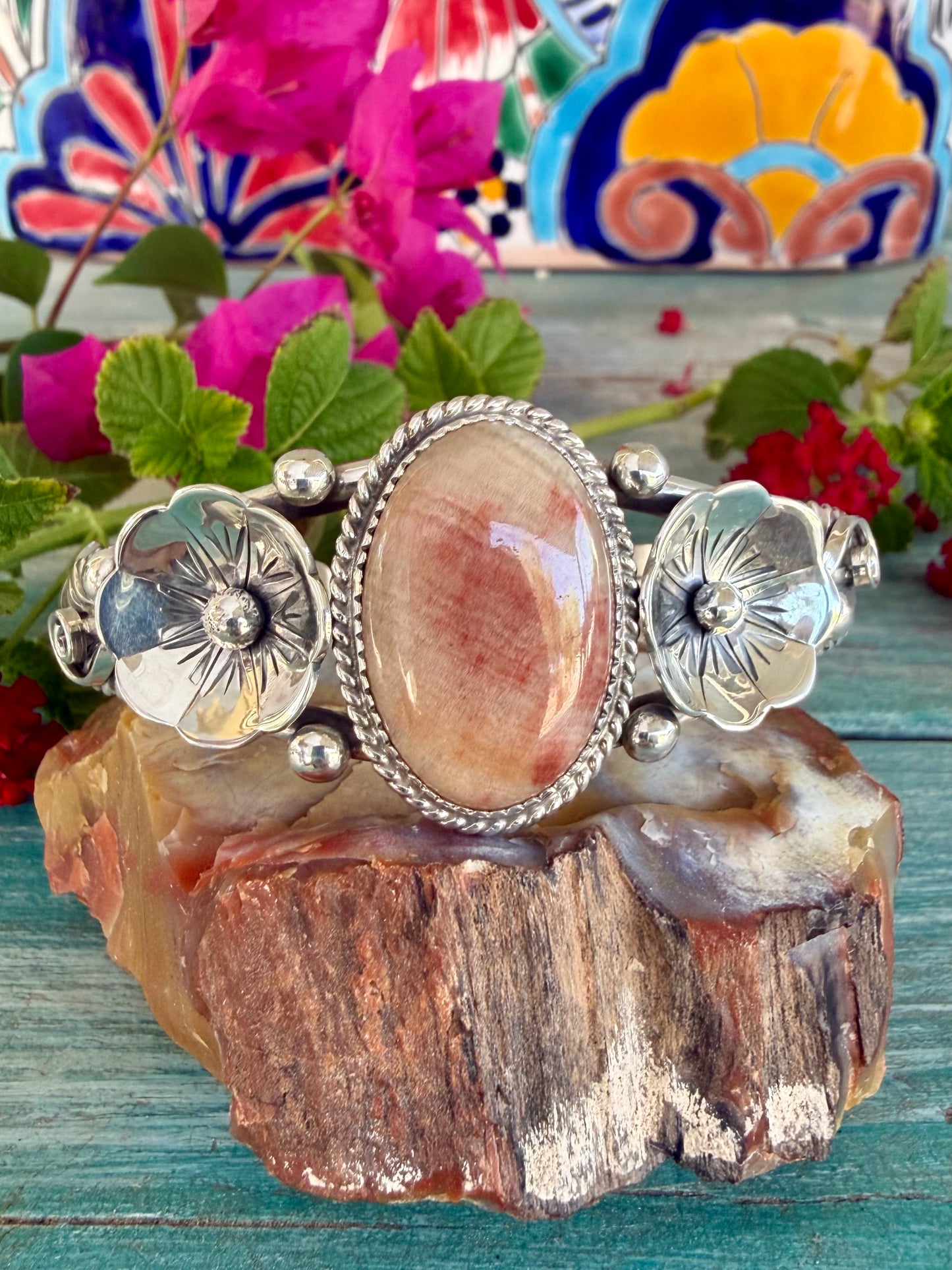 Silver and Onyx Flower Cuff