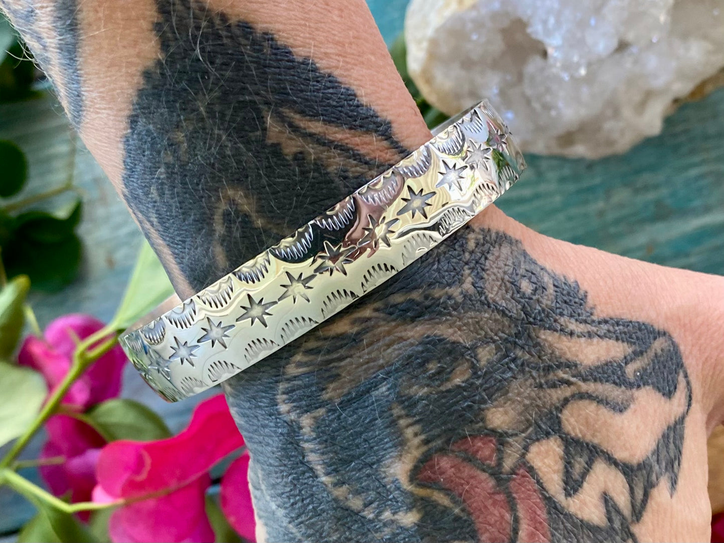Stamped Star Silver Cuff