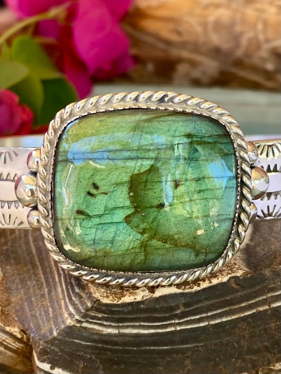 Silver Stamped Labradorite Cuff