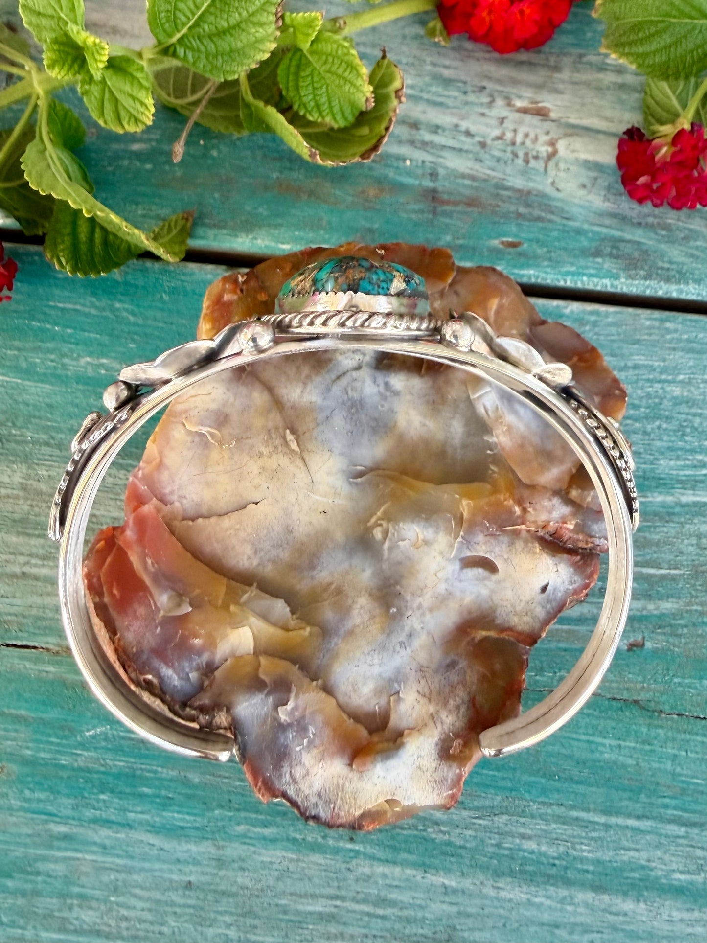 Silver and Turquoise Flower Cuff