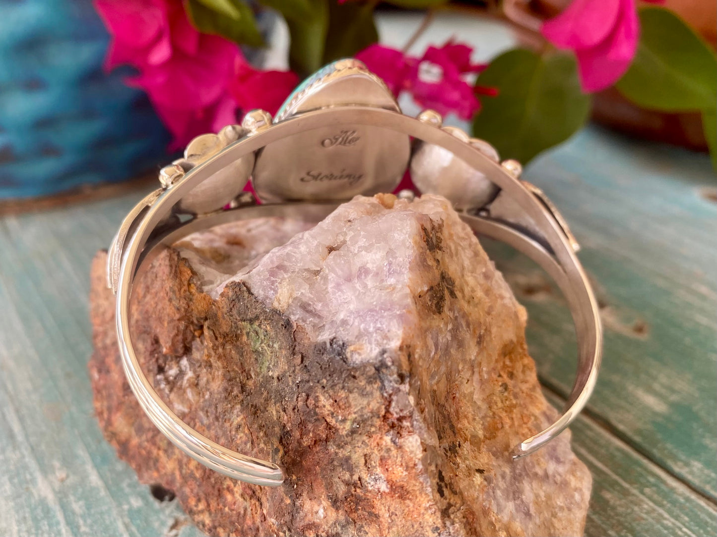 Silver and Turquoise Flower Cuff