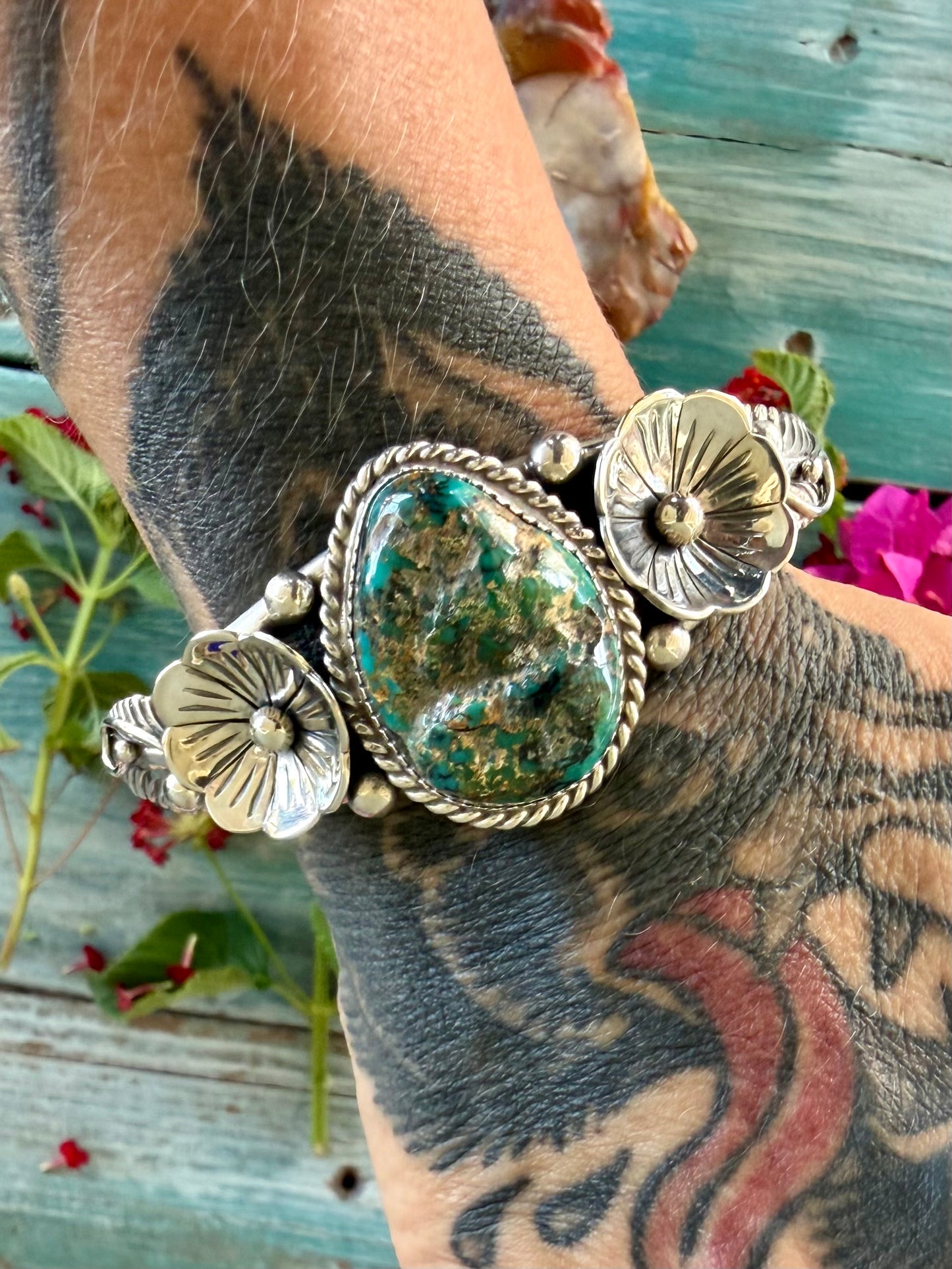 Silver and Turquoise Flower Cuff