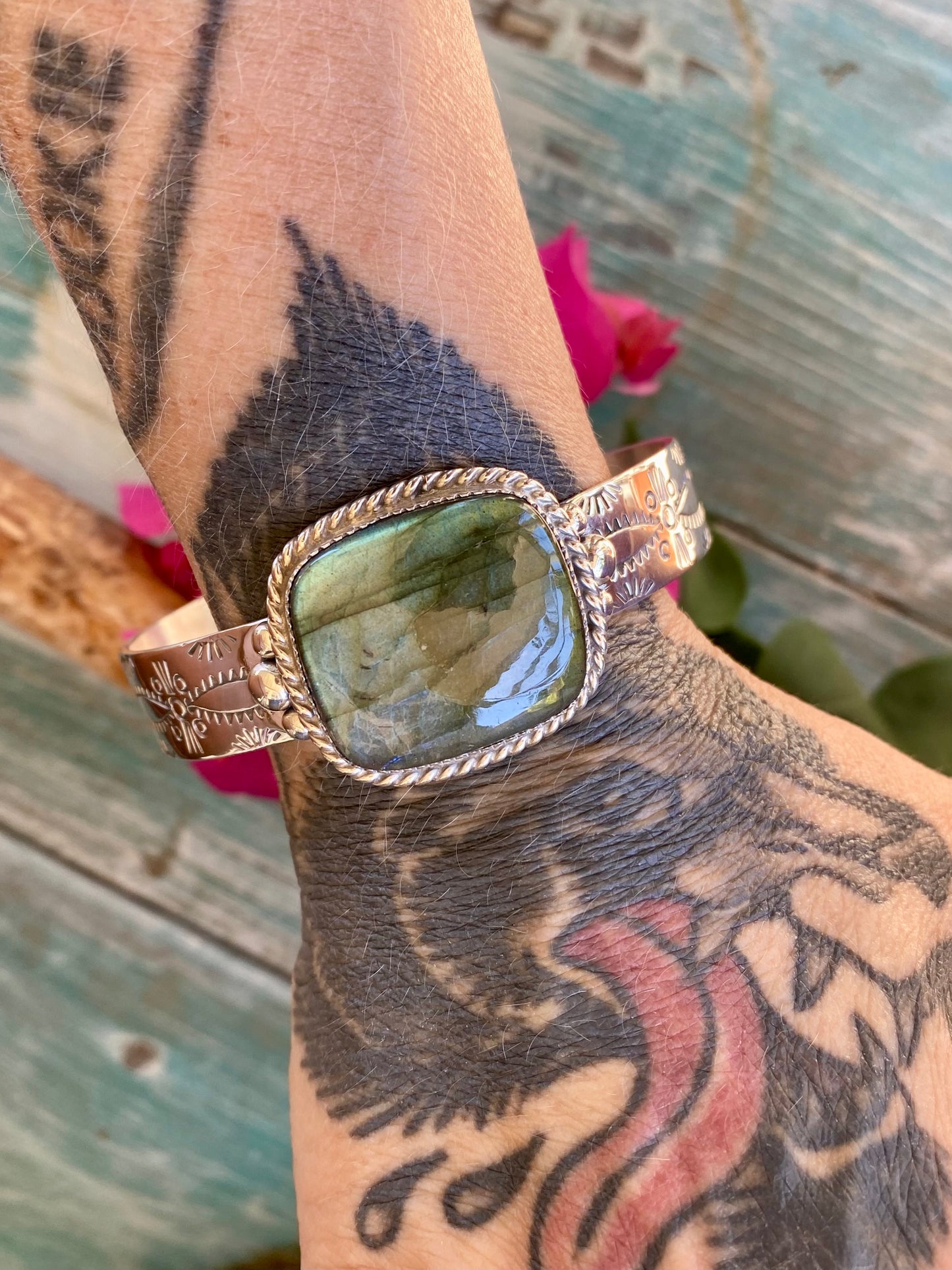 Silver Stamped Labradorite Cuff
