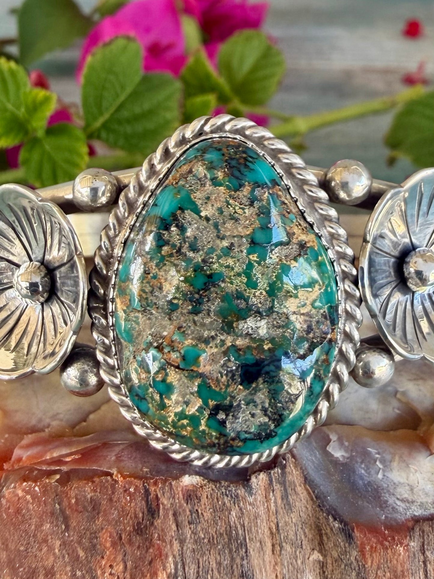 Silver and Turquoise Flower Cuff