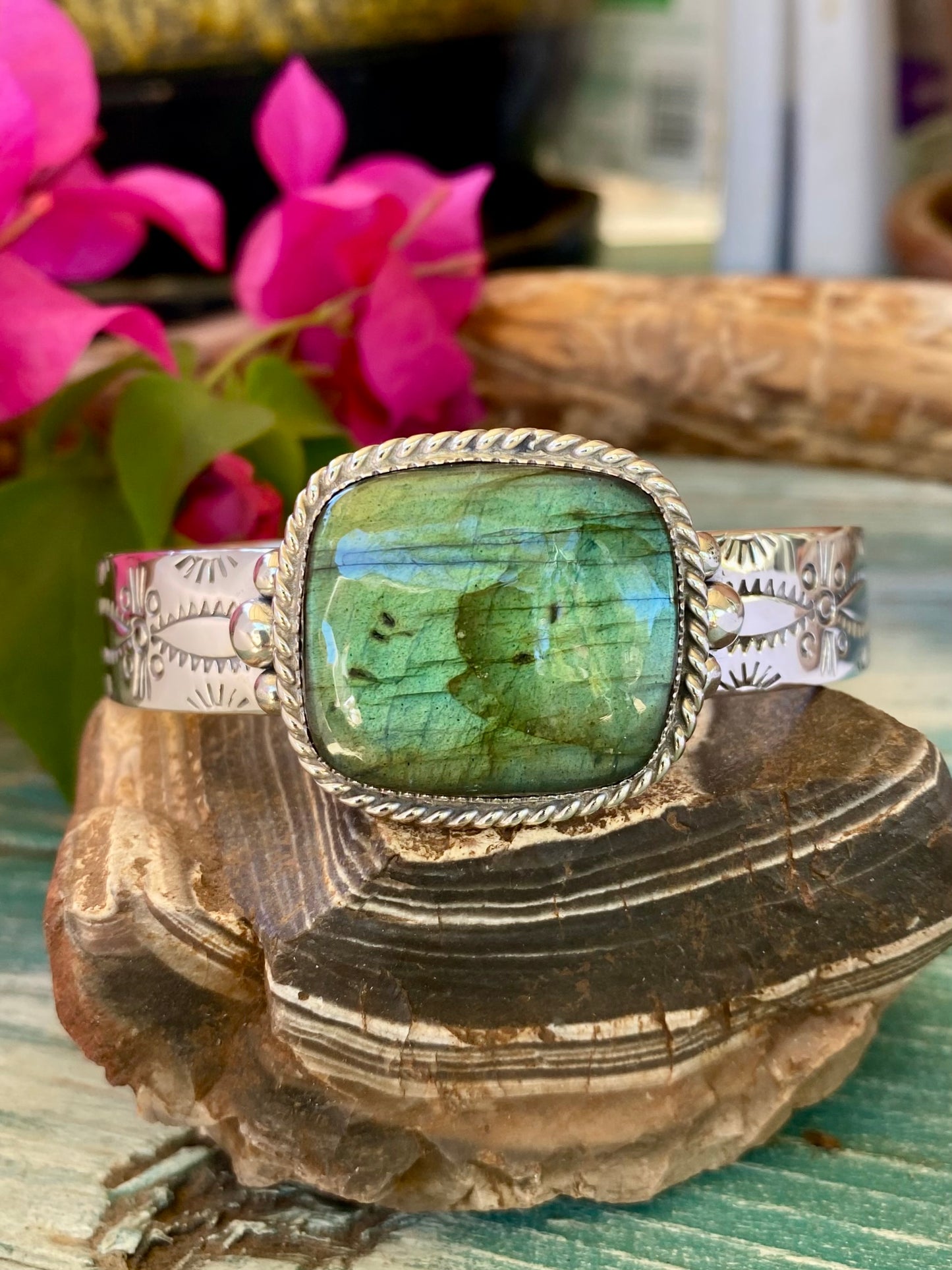 Silver Stamped Labradorite Cuff