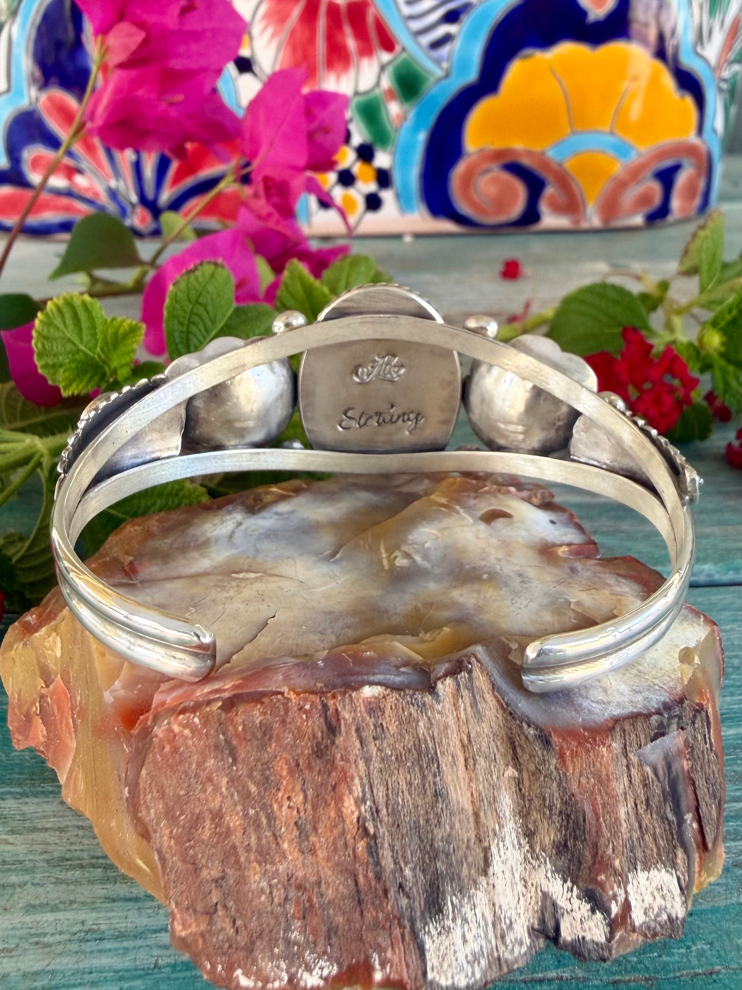 Silver and Onyx Flower Cuff
