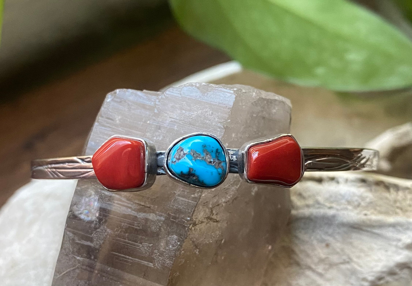 Turquoise and Coral Cuff Bracelet