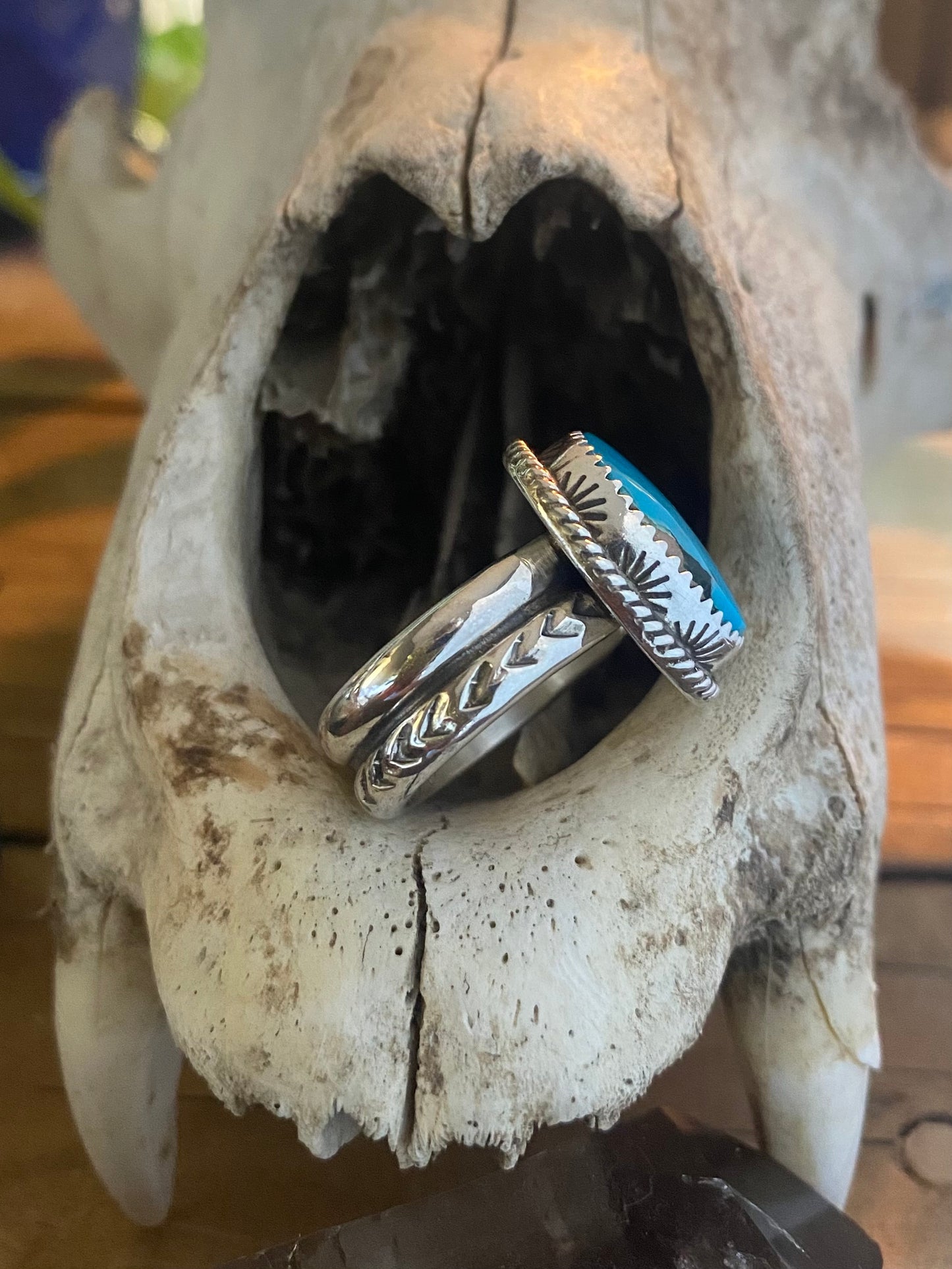 Stamped Silver and Turquoise Ring