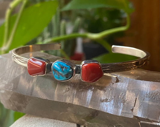 Turquoise and Coral Cuff Bracelet