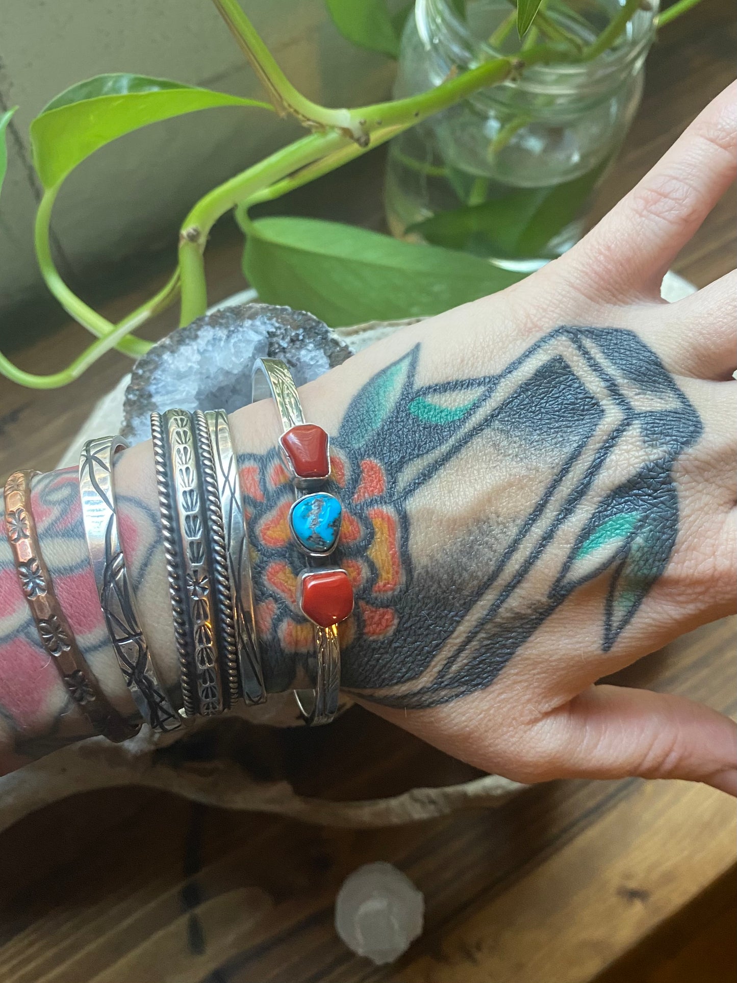 Turquoise and Coral Cuff Bracelet