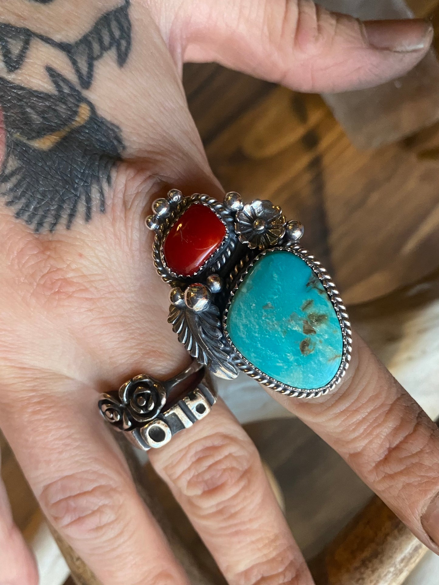 Turquoise and Coral Statement Ring