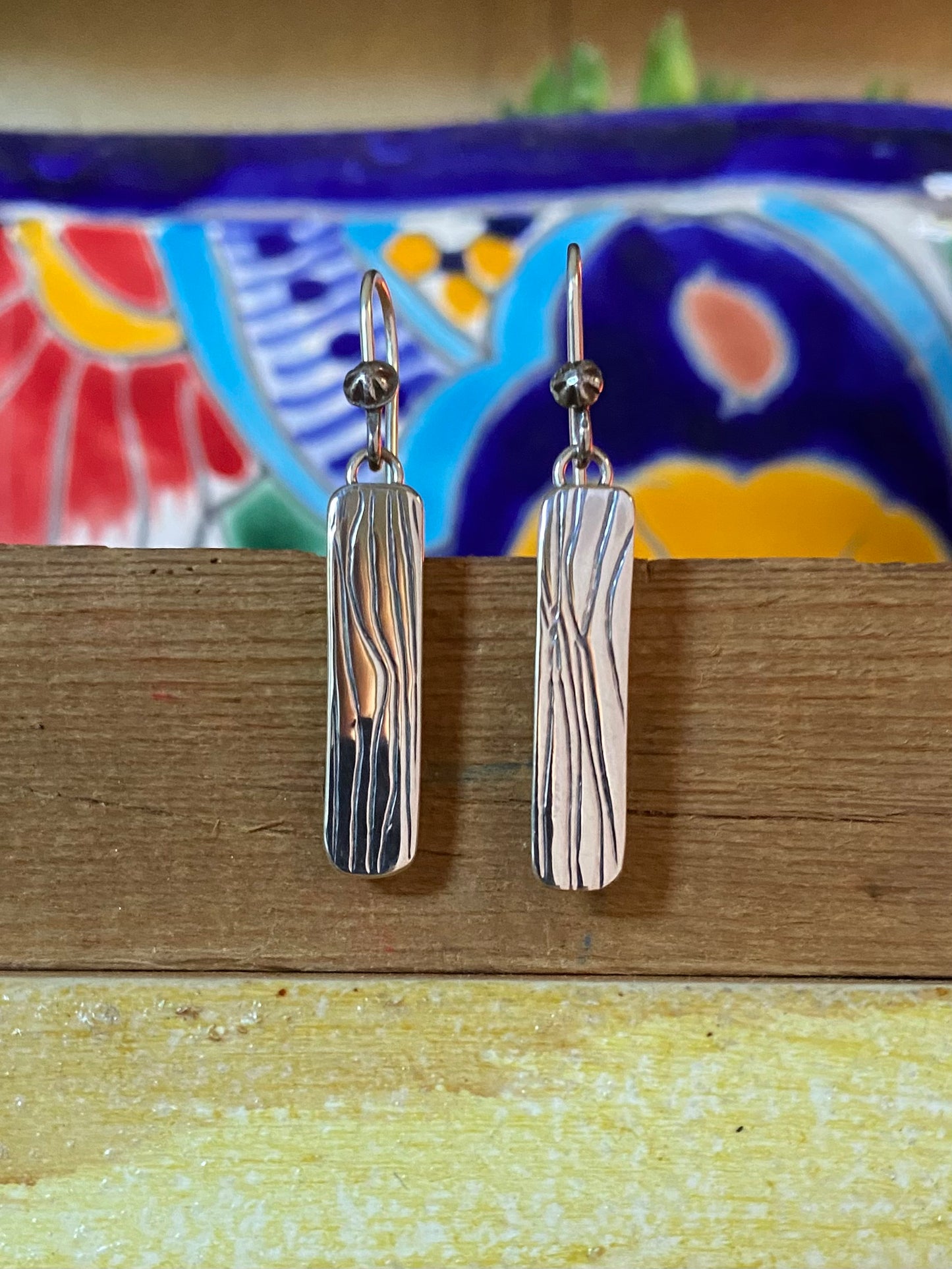 Wire Patterned Silver Dangle Earrings