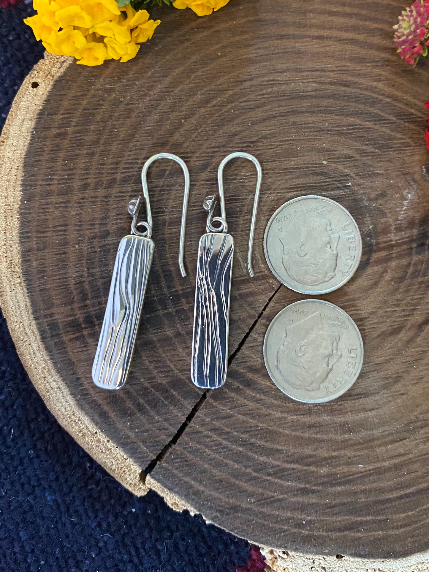 Wire Patterned Silver Dangle Earrings