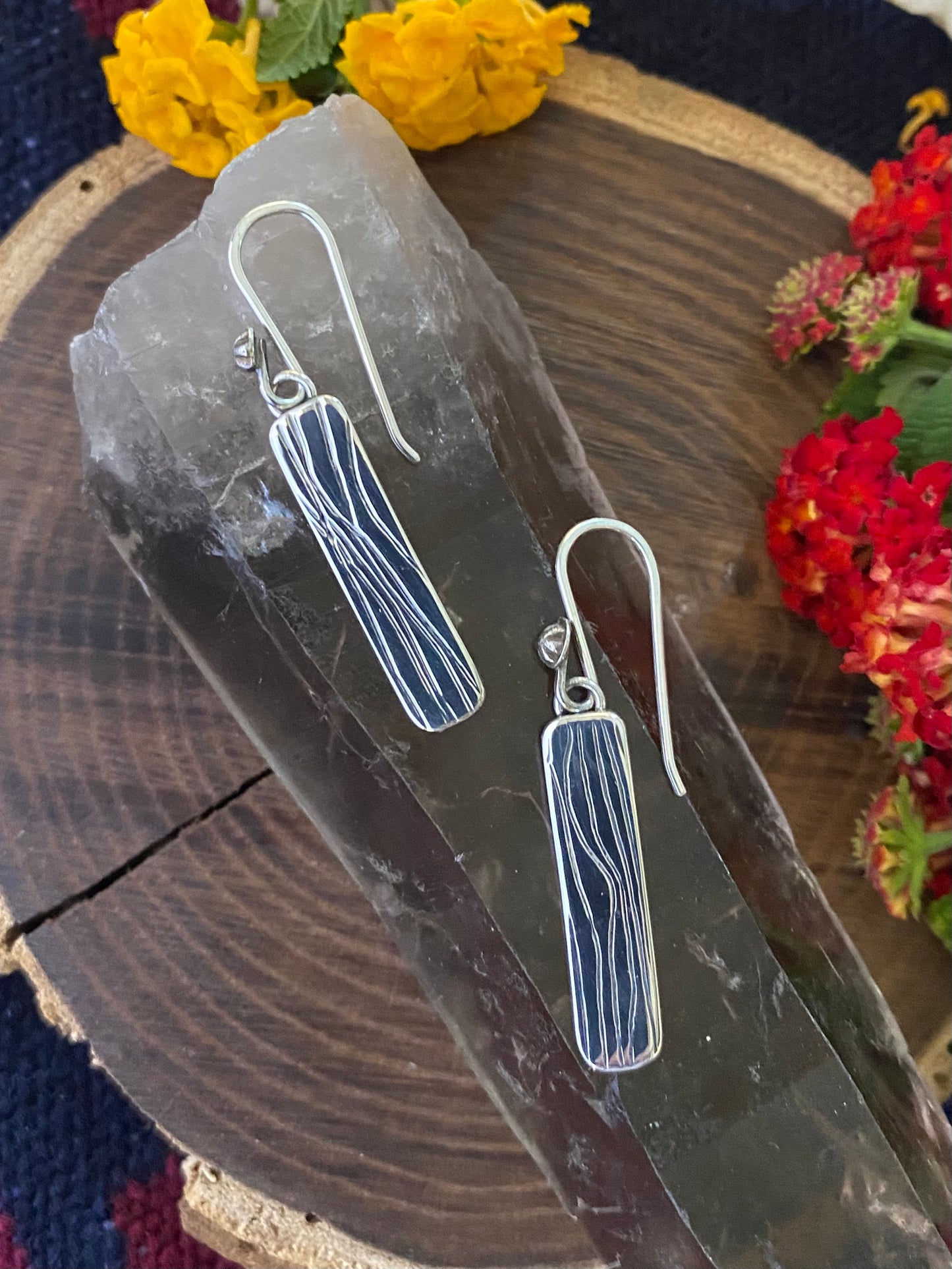 Wire Patterned Silver Dangle Earrings