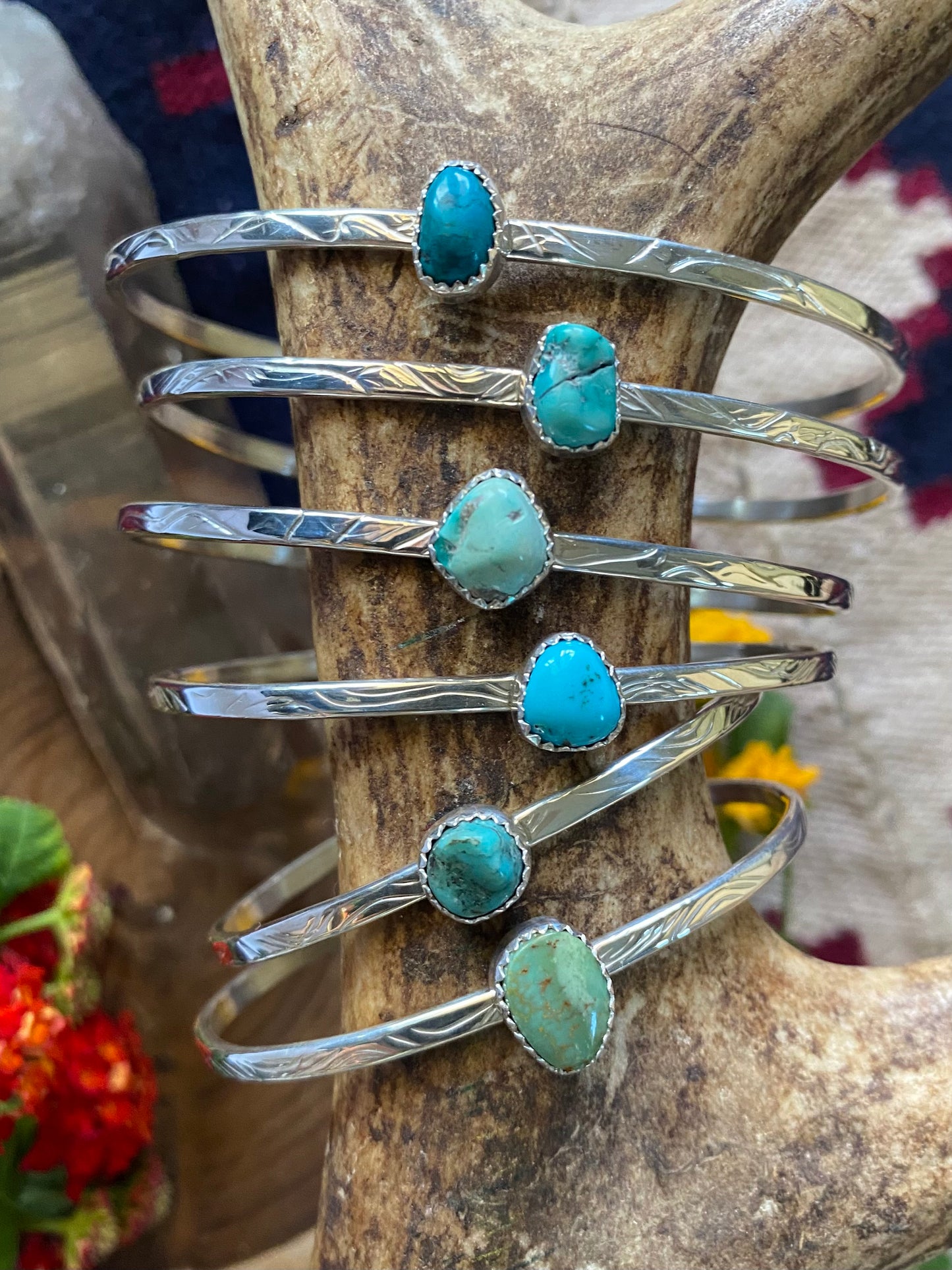 Sterling Silver Thin Wire Patterned Turquoise Cuff