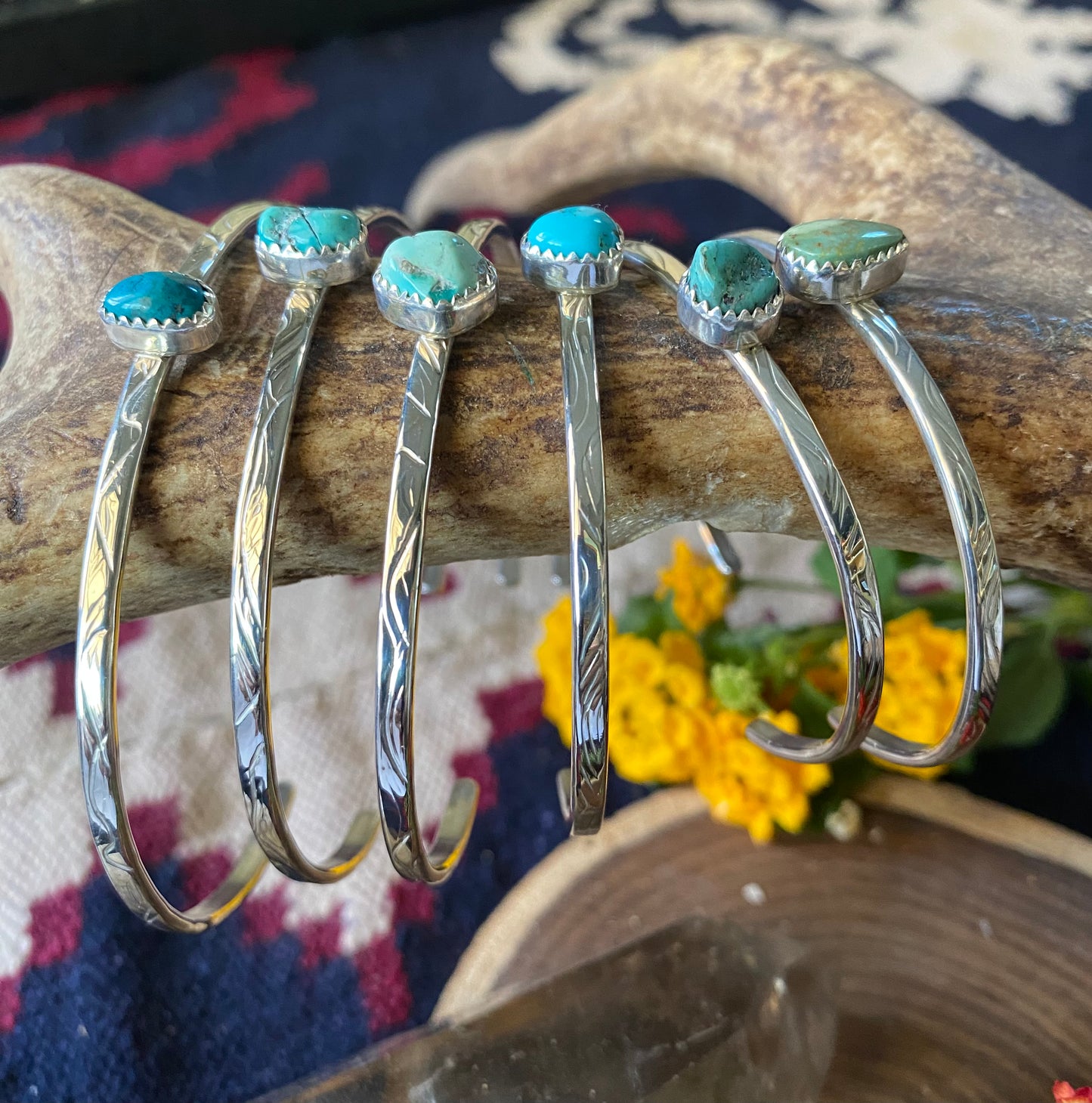 Sterling Silver Thin Wire Patterned Turquoise Cuff