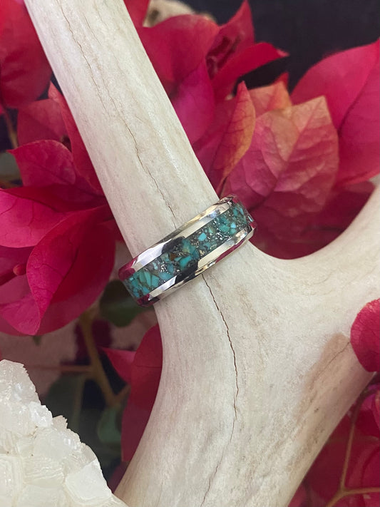 Damascus Steel Turquoise Inlay Ring
