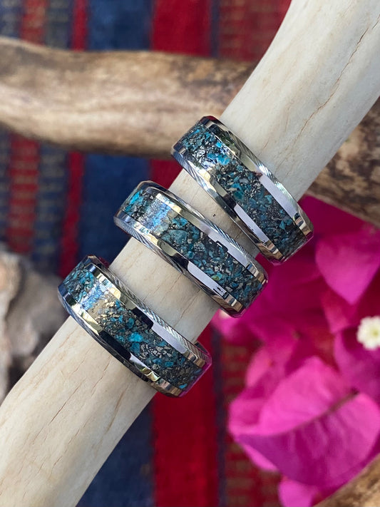 Damascus Steel Turquoise Inlay Ring
