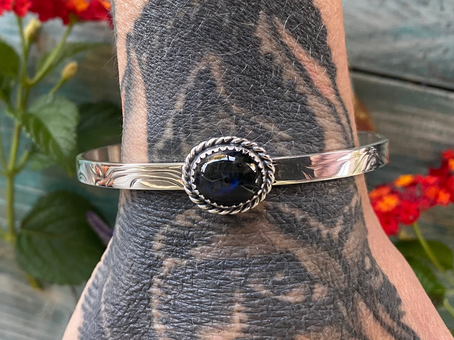 Rainbow Obsidian Silver Wire Cuff