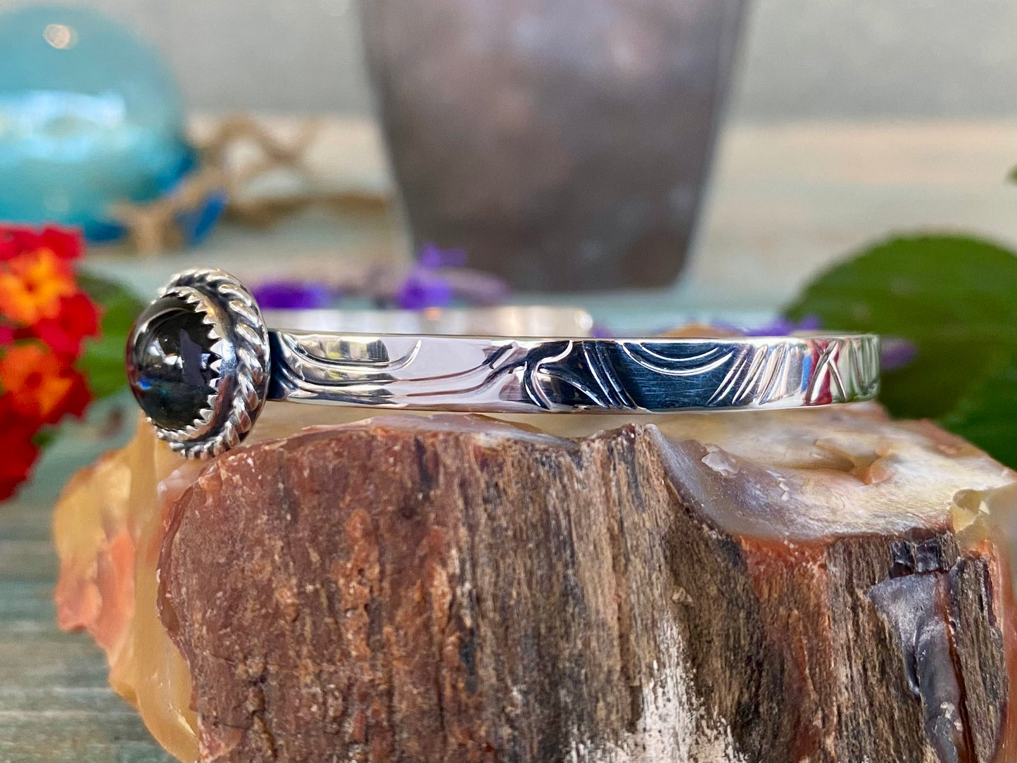 Rainbow Obsidian Silver Wire Cuff