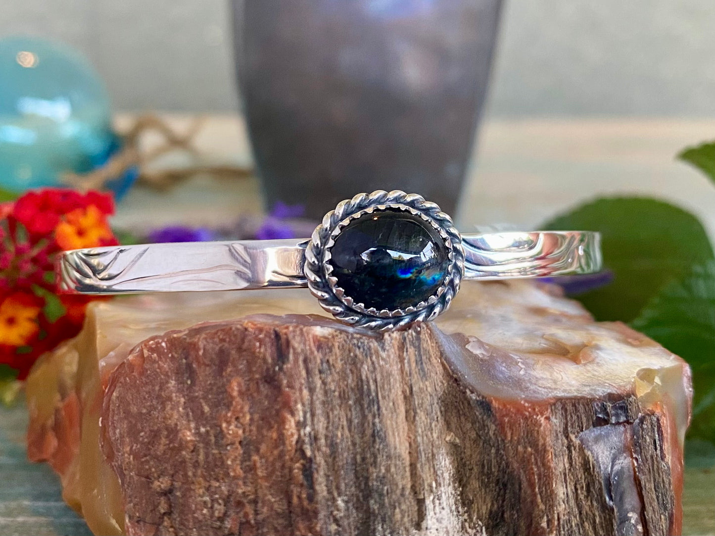 Rainbow Obsidian Silver Wire Cuff