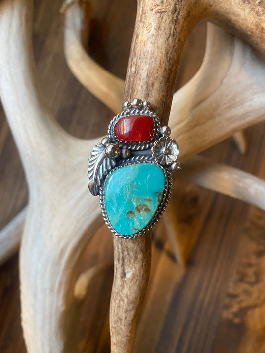 Turquoise and Coral Statement Ring