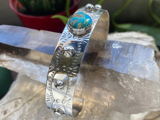 Stamped Silver and Turquoise Cuff