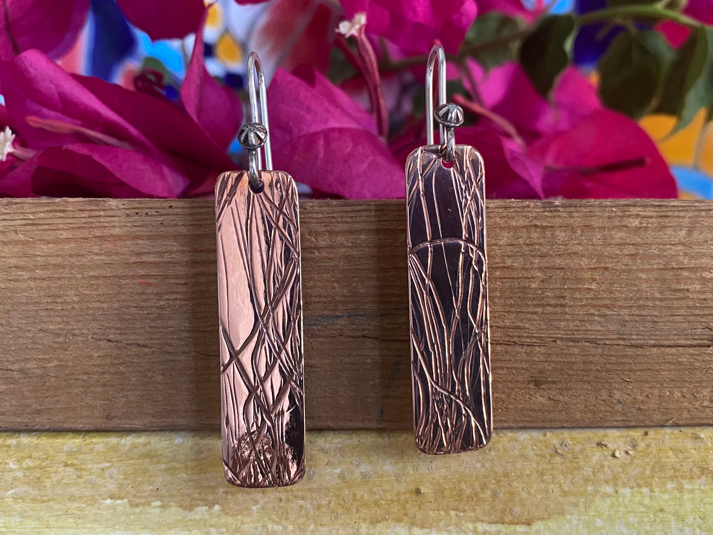 Wire Patterned Copper Dangle Earrings