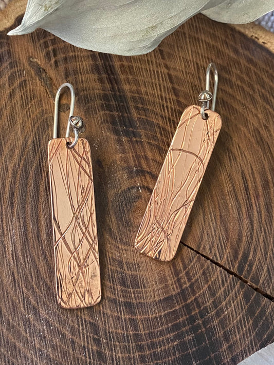 Wire Patterned Copper Dangle Earrings